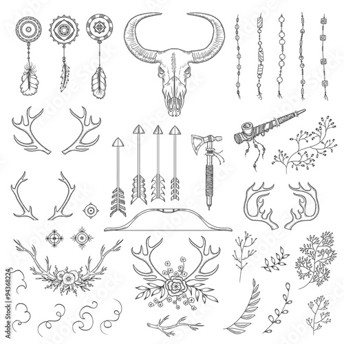 Hand drawn vintage rustic tribal collection. Decorative floral vector set