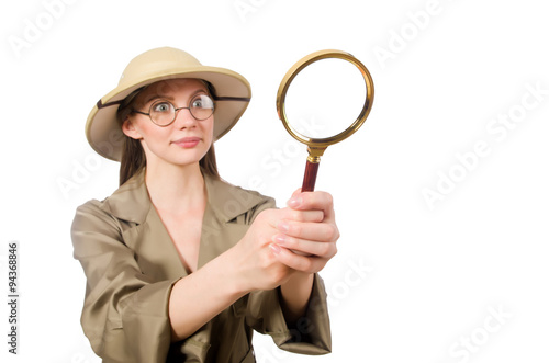 Woman wearing safari hat on white