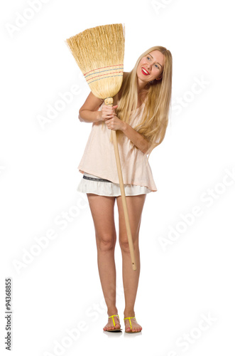 Young woman with broom isolated on white © Elnur