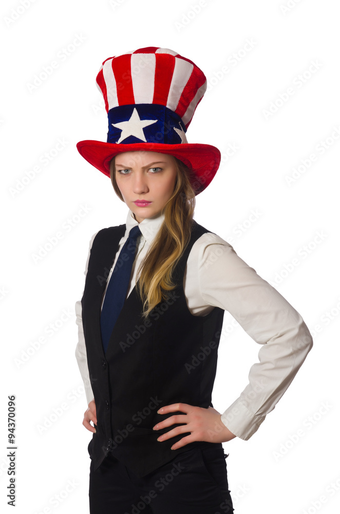 Woman wearing hat with american symbols Woman wearing hat with american symbols