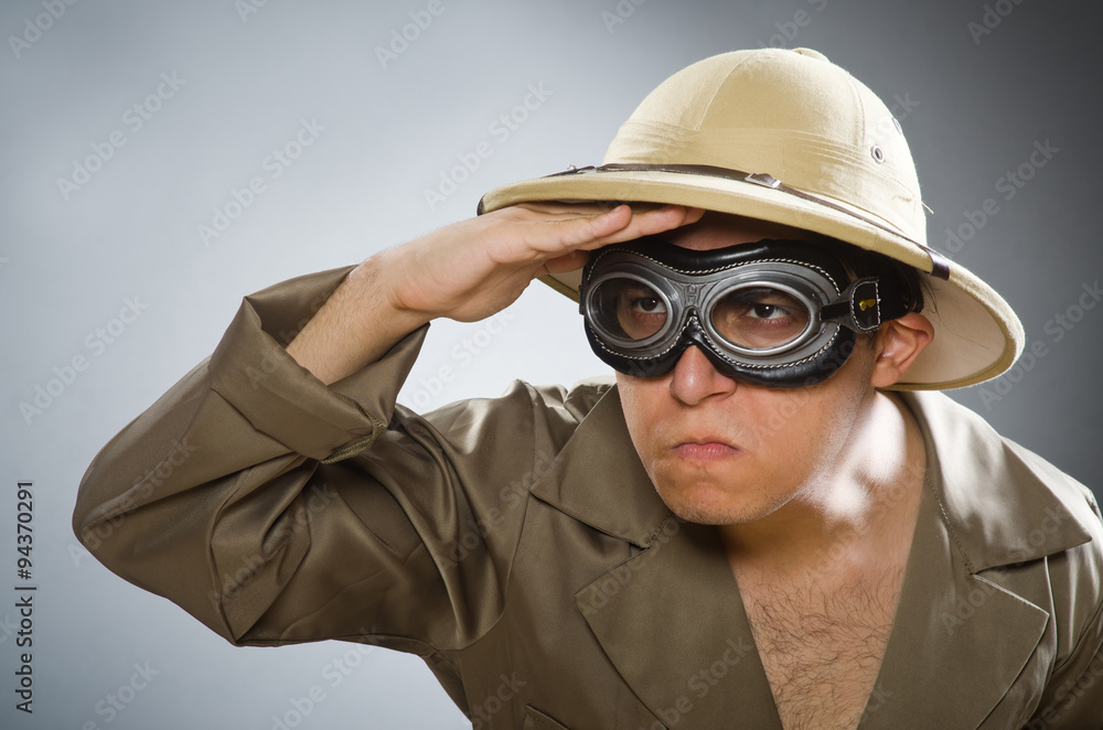 Man wearing safari hat in funny concept Man wearing safari hat in funny concept