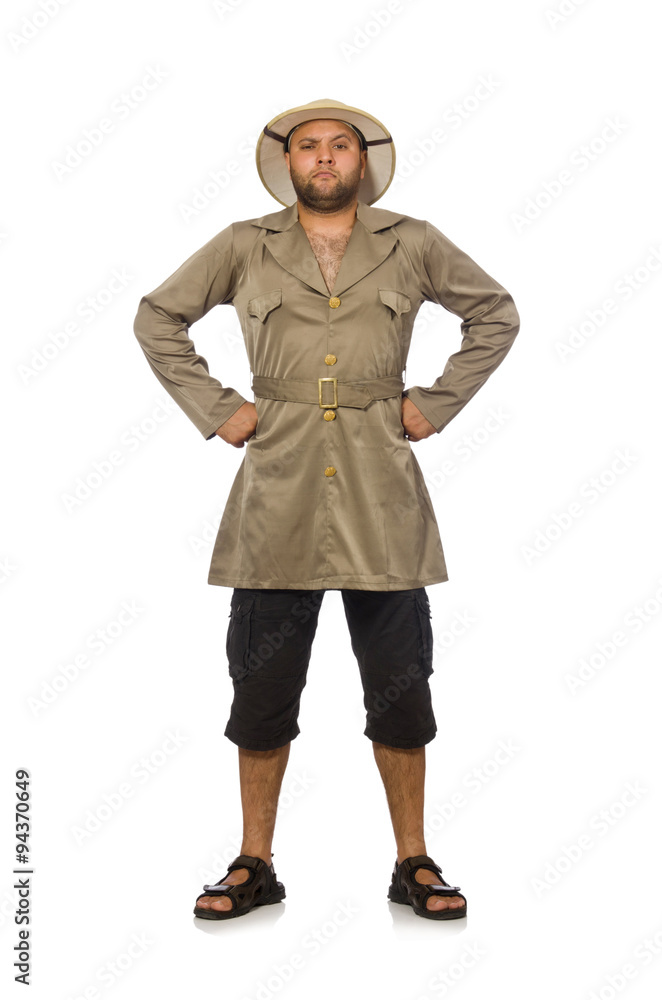 Man in safari hat isolated on white Man in safari hat isolated on white