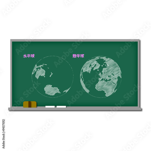 
 黒板と地球（水半球、陸半球） 