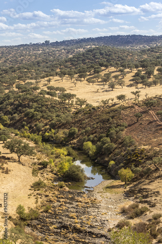 Countryside landscape scenic view of a fresh water stream in Alentejo region.