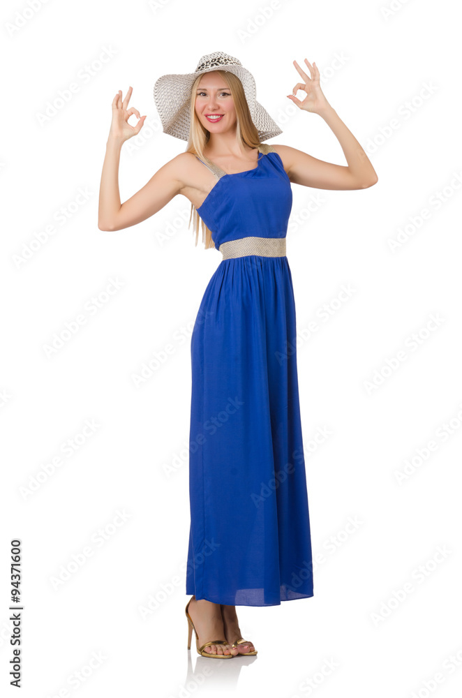 Beautiful woman in long blue dress isolated on white