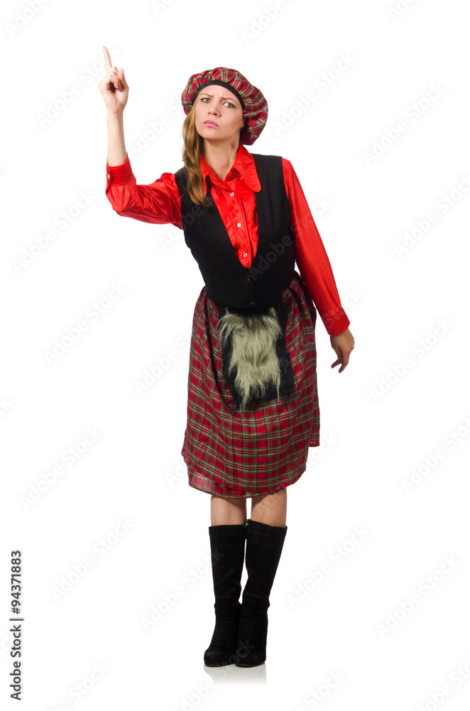Funny woman in scottish clothing on white Funny woman in scottish clothing on white