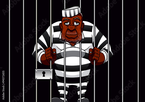Cartoon prisoner behind bars in the prison