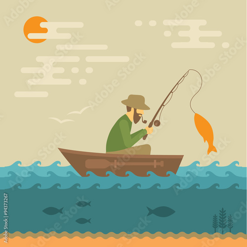 fishing vector illustration, fisherman with rod and fish