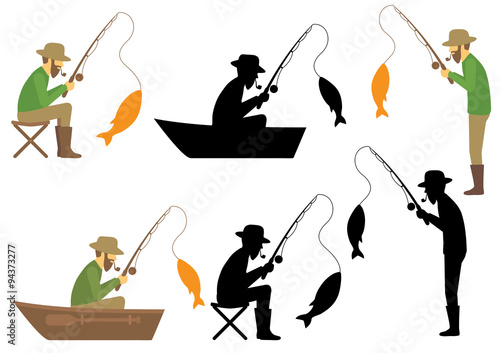 fishing vector illustration, fisherman with rod and fish