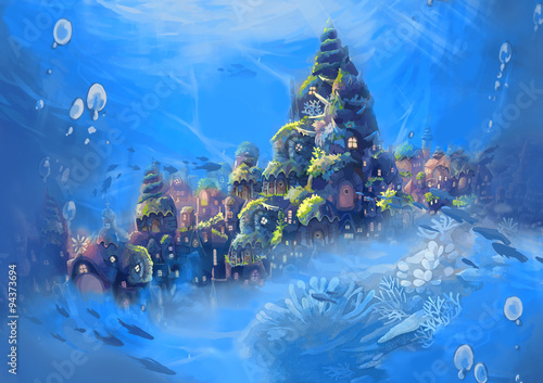 Illustration: Sea City. Realistic Cartoon Style. Fantastic Sci-Fi Scene / Wallpaper / Background Design.
 photo