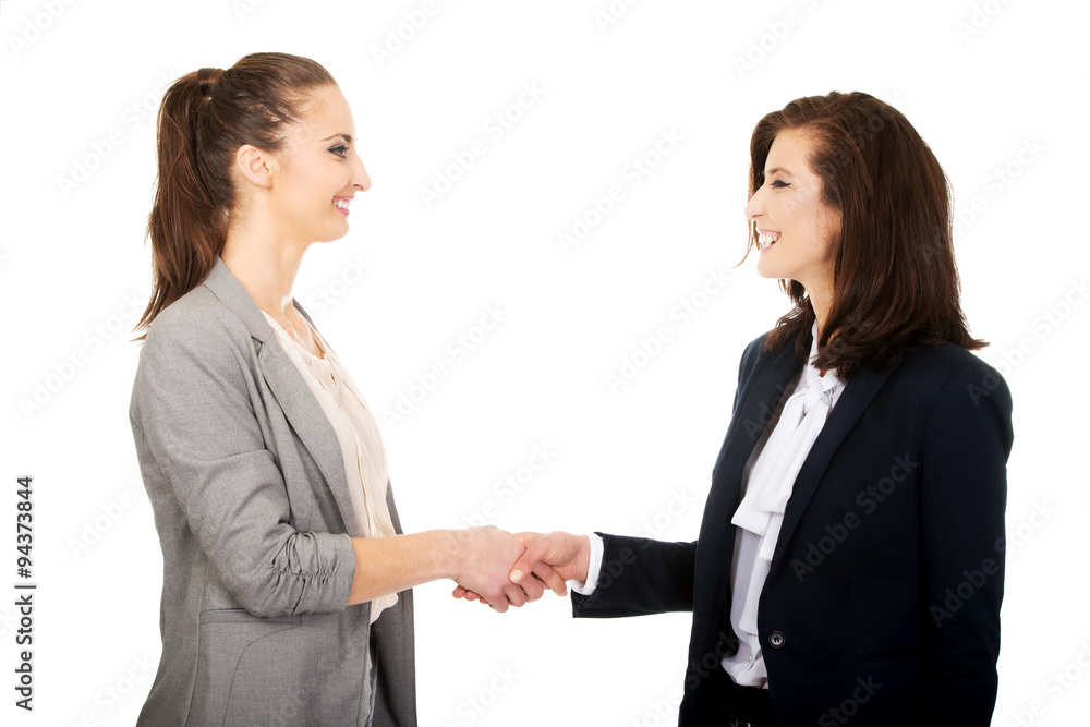 Two women in office outfits giving handshake. Two women in office outfits giving handshake.