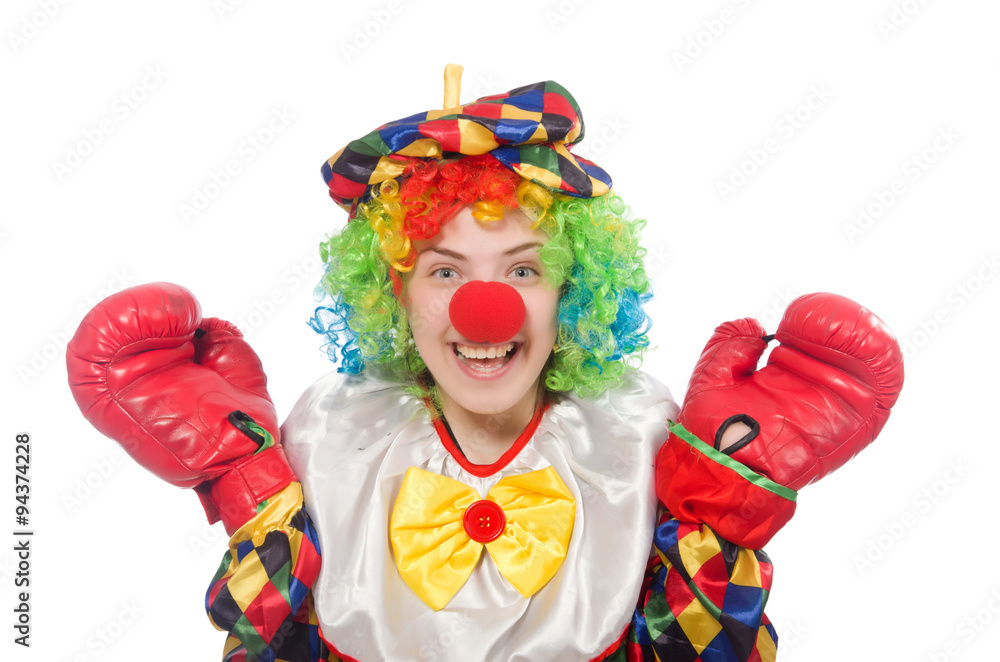 Clown with boxing gloves isolated on white Clown with boxing gloves isolated on white