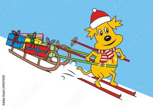 Dog and sled .A dog with a cap of Santa Claus riding on skis and carrying presents on a sleigh.