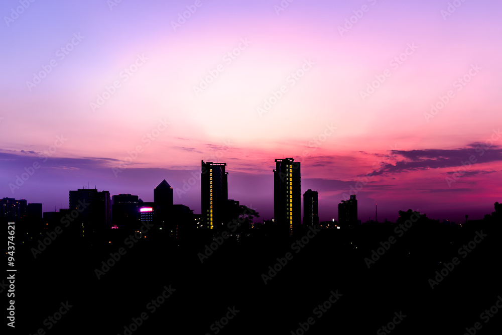 Silhouette of Bangkok cityscape at sunset, Thailand.