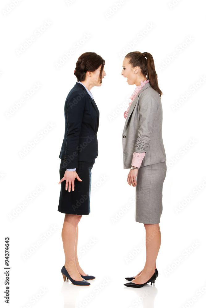 Angry businesswomans screaming at each other. Angry businesswomans screaming at each other.