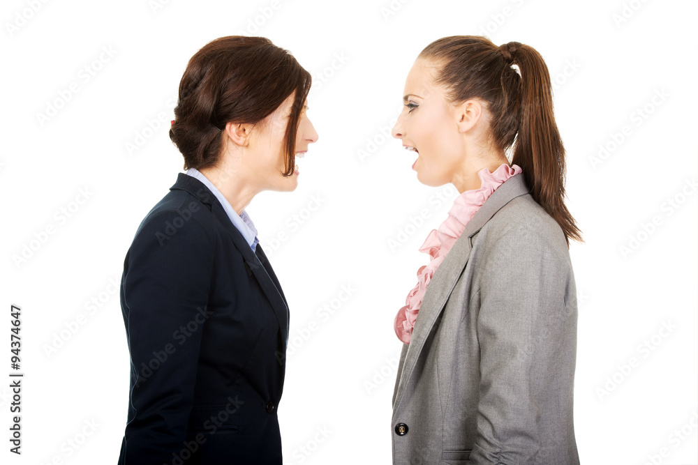 Angry businesswomans screaming at each other. Angry businesswomans screaming at each other.