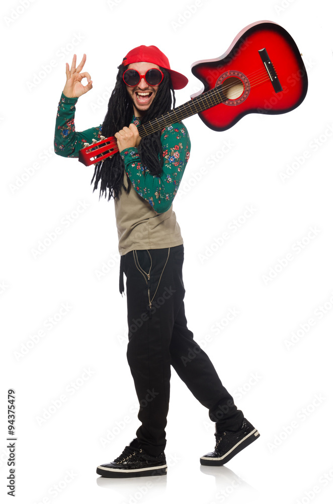 Man with guitar in musical concept on white Man with guitar in musical concept on white