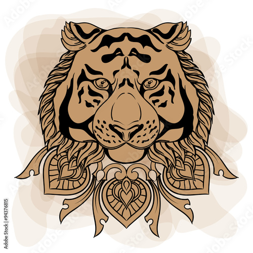 Fototapeta Naklejka Na Ścianę i Meble -  Golden tiger head with ornament mandala. Vintage hand drawn 