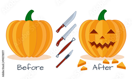 Pumpkin vector halloween icon, sculpture tools, scheme before and after,