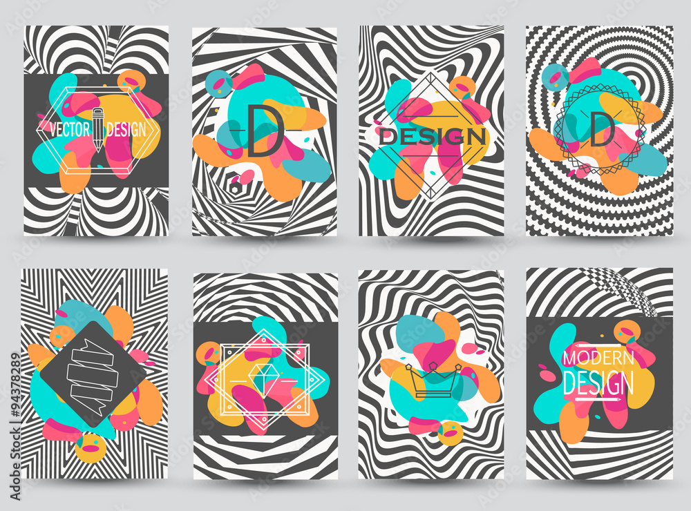 Fototapeta premium Set of monochrome flyer pages with abstract colored elements. Creative Signs, Logos, Identity Elements, Labels, Badges, Frames, backgrounds.