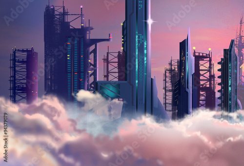 Plakat Ilustracja: Przyszłe miasto zbudowane wysoko w chmurach w 2048 roku. Realistyczny styl kreskówek. Scena science-fiction / tapeta / projekt tła.