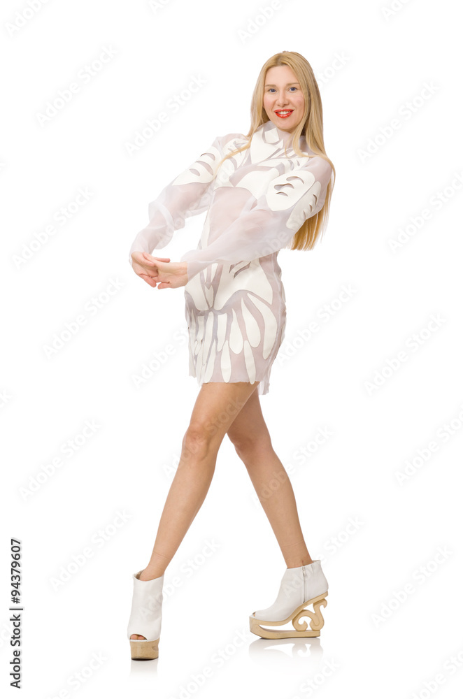 Woman wearing white dress isolated on white Woman wearing white dress isolated on white