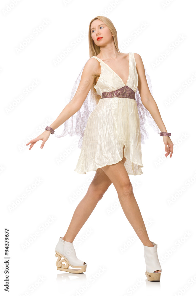 Woman wearing white dress isolated on white
