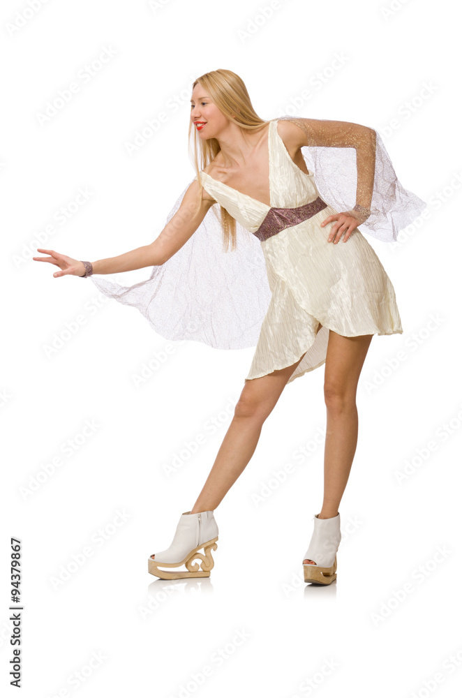 Naklejka premium Woman wearing white dress isolated on white