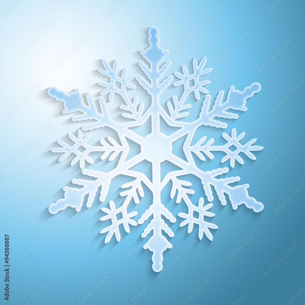 Snowflake with shadow on blue background, vector illustration