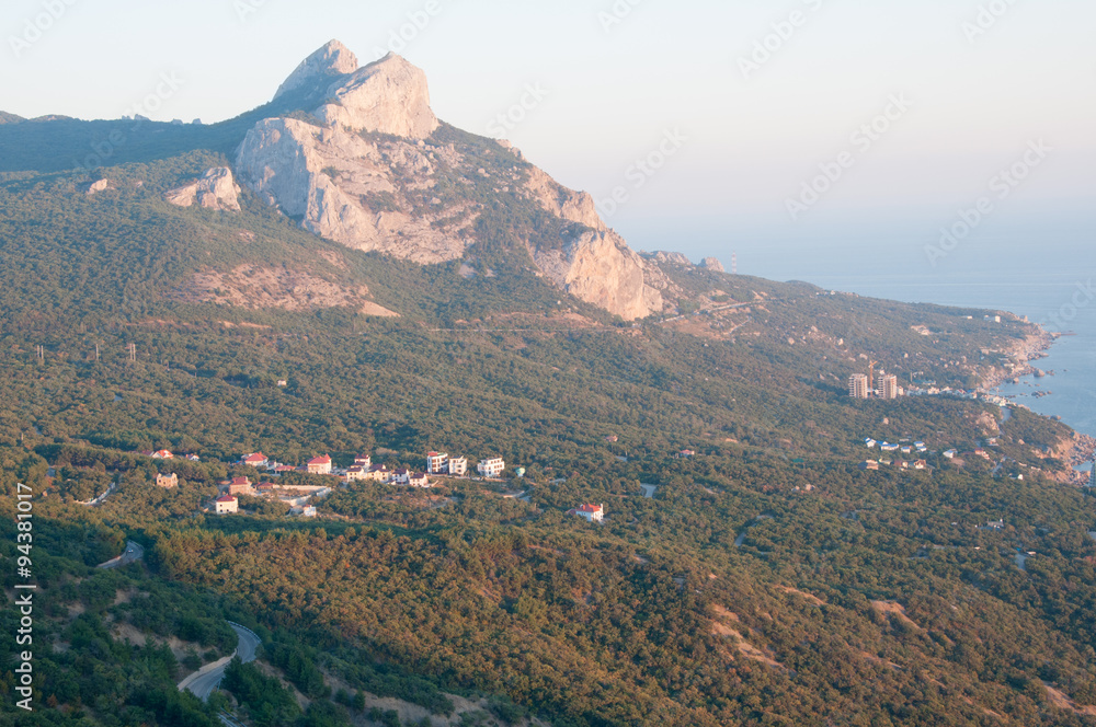 Southern Crimea coastline with Foros settlement at dawn