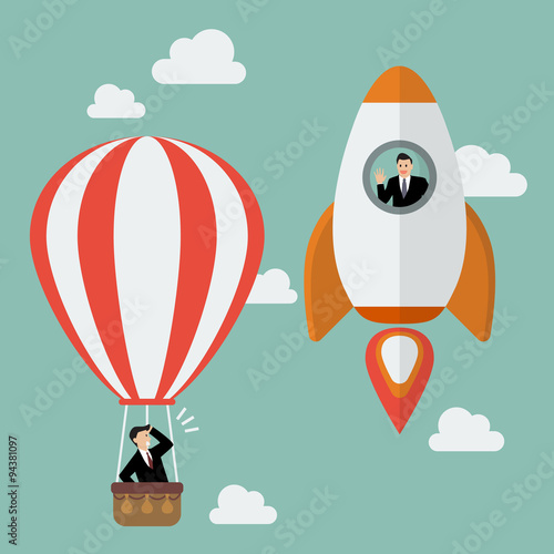 Businessman on a rocket fly pass Businessman in hot air balloon