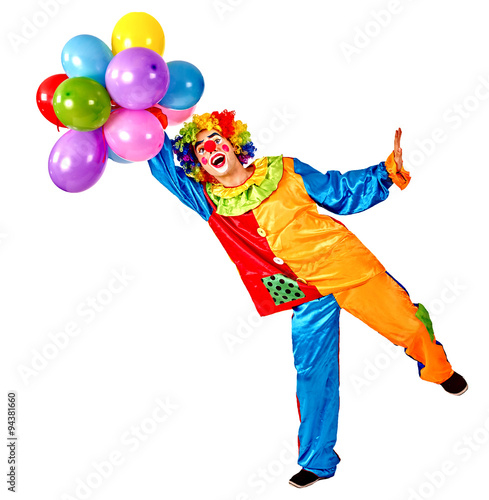 Canvas Print Happy birthday clown holding a bunch of balloons.