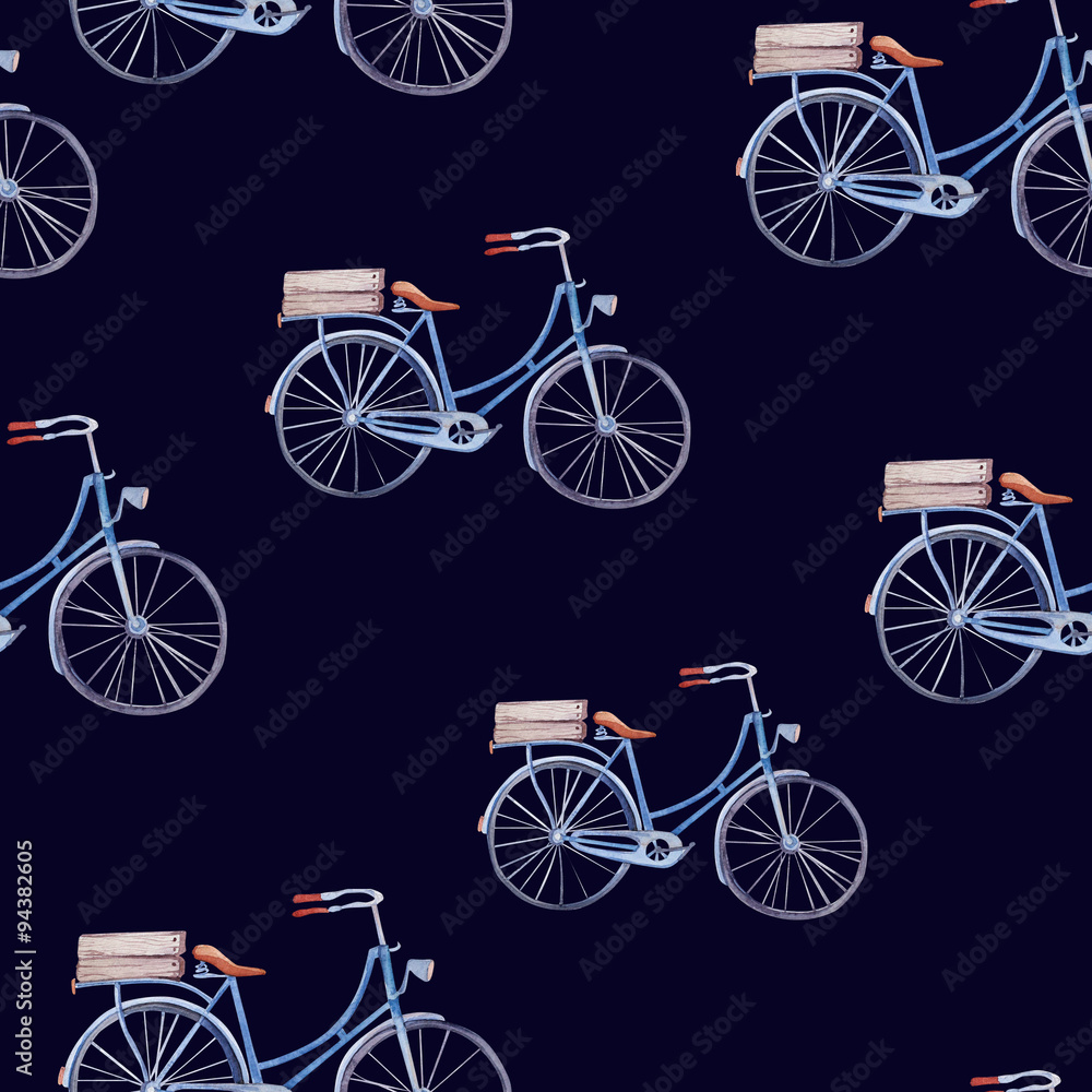 Watercolor pattern with bicycles .
