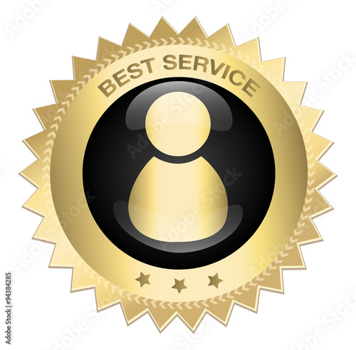 Best service seal or icon with abstract person or admin symbol. Glossy golden seal or button with stars.