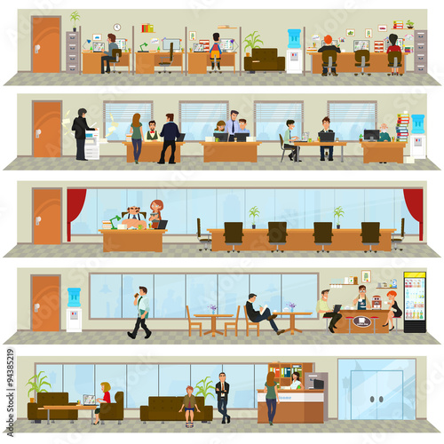 workday in an office building. People in the interior of the building in different poses and situations. Vector illustration in a flat style.