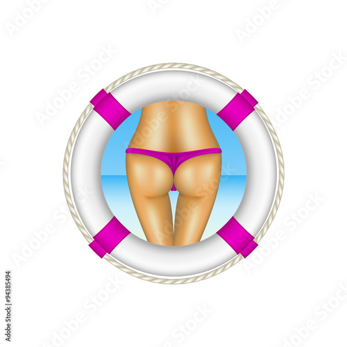Life buoy with sexy bum of woman in purple bikini as beach concept