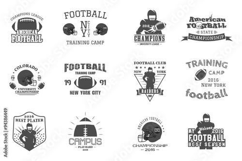 College rugby and american football team, campus, college badges, logos labels insignias in retro style Graphic vintage design for t-shirt, web. Monochrome print isolated on a white background. Vector