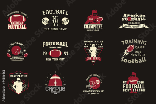 College rugby and american football team, campus, college badges, logos labels insignias in retro style Graphic vintage design for t-shirt, web. Color print isolated on a dark background. Vector