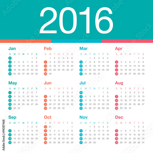 2016 Year Calendar