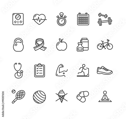 Fytness Health Outline Icon Set. Vector