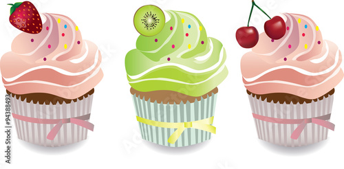 Cupcake with strawberry, cherry, kiwi and whipped cream. Vector
