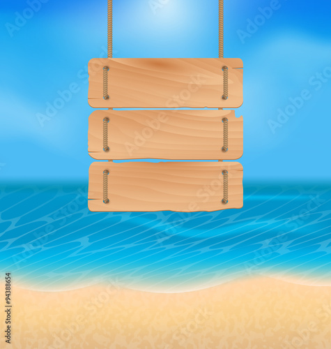 Blank wooden sign on beach, natural seascape
