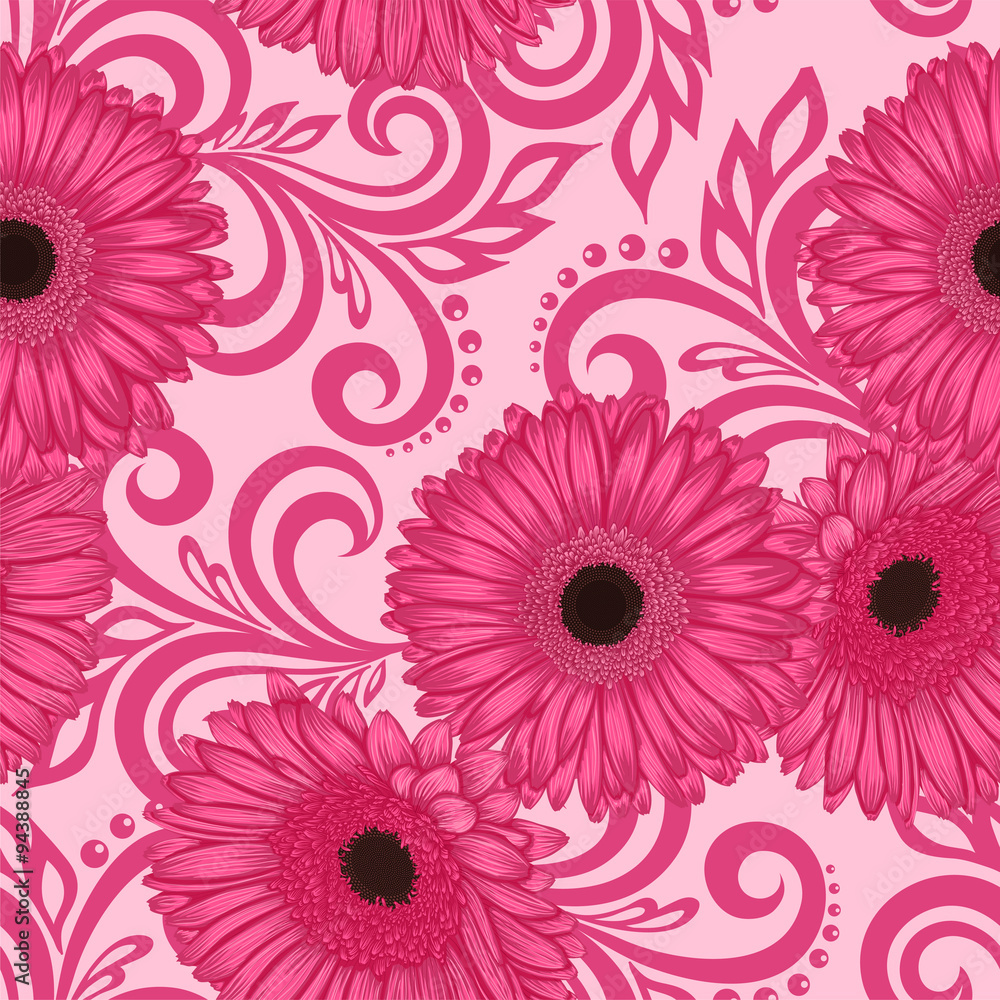 seamless pattern with gerbera flowers and abstract floral swirls seamless pattern with gerbera flowers and abstract floral swirls