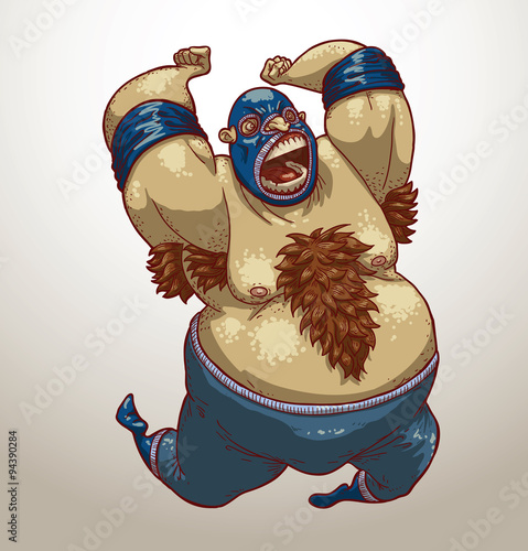 Vector angry wrestler. Cartoon image of an angry fat wrestler with hairy armpits and chest in blue pants and a mask with a light blue background.