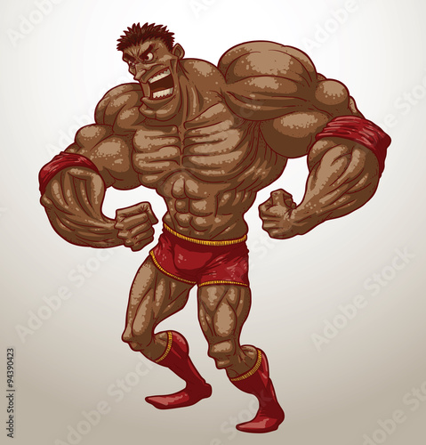 Vector big wrestler. Cartoon image of the big angry wrestler with pumped muscles in red shorts and boots on a light blue background.