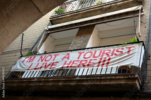 Barcelona balcony protest sign I'm not a tourist I live here!!!