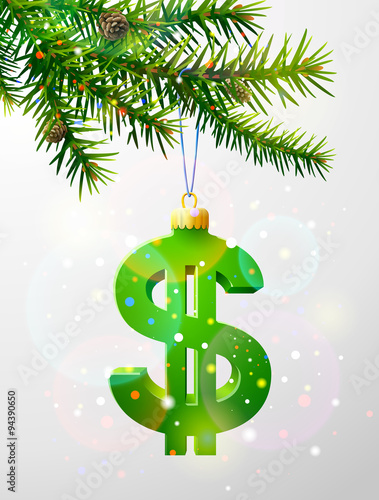 Christmas tree branch with decorative dollar. Dollar as bauble