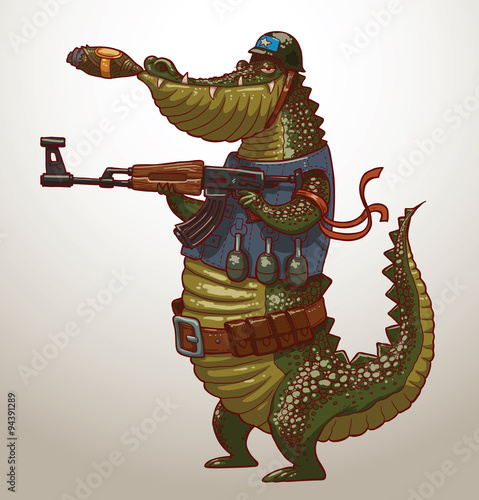 Vector crocodile with gun. Cartoon image of a green crocodile in a blue vest, belt and a helmet with a gun in his paws and a cigar in his mouth on a light blue background.