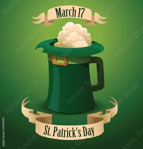 Vector Happy Saint Patrick's Day. Image of bright green Saint Patrick's hat as a mug of beer on a green background. In the theme of St. Patrick's Day. The text is written in the curves.