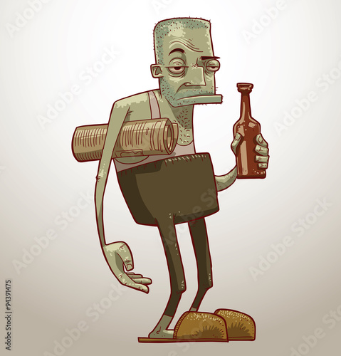 Vector old alcoholic with beer. Cartoon image of an old alcoholic in gray trousers, T-shirt and slippers with a bottle of beer in his hand and a newspaper under his arm on a light background.